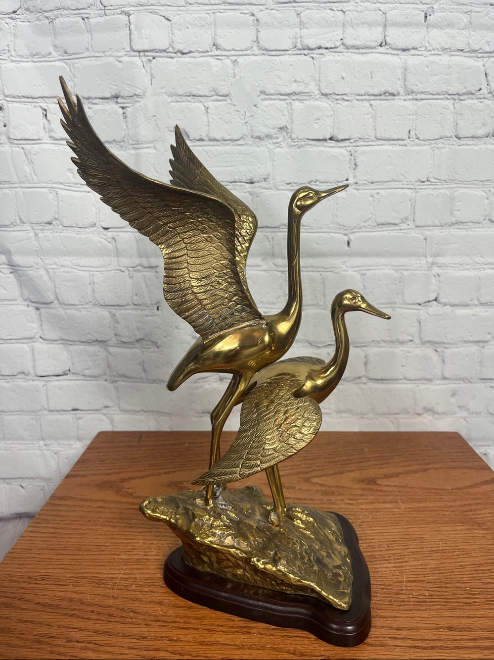 Egret or Sandhill Crane Bird Herons In Marsh Brass Metal 15” Sculpture Mounted